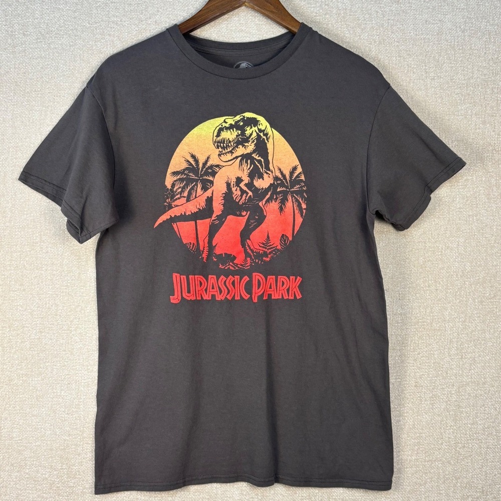 Jurassic Park T-Shirt Mens Medium Gray Graphic Tee Jurassic World T-Rex Sunset